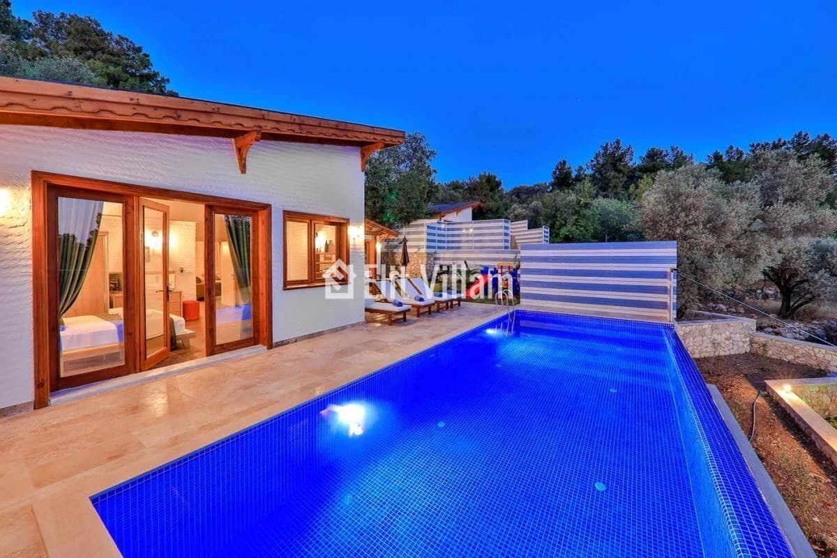 Modern private pool with lounge chairs and privacy fencing alongside the villa.