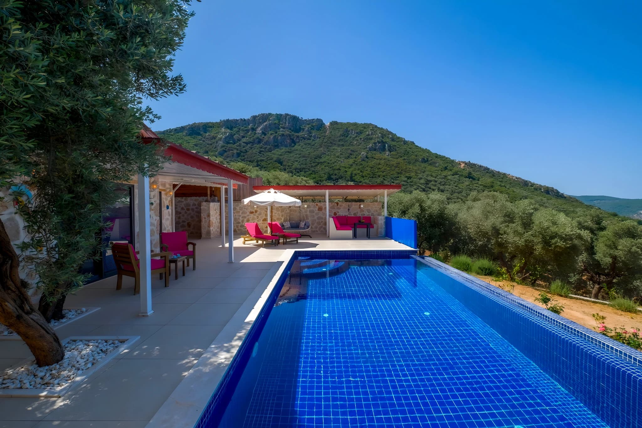Lap pool with panoramic mountain views and covered lounge area.
